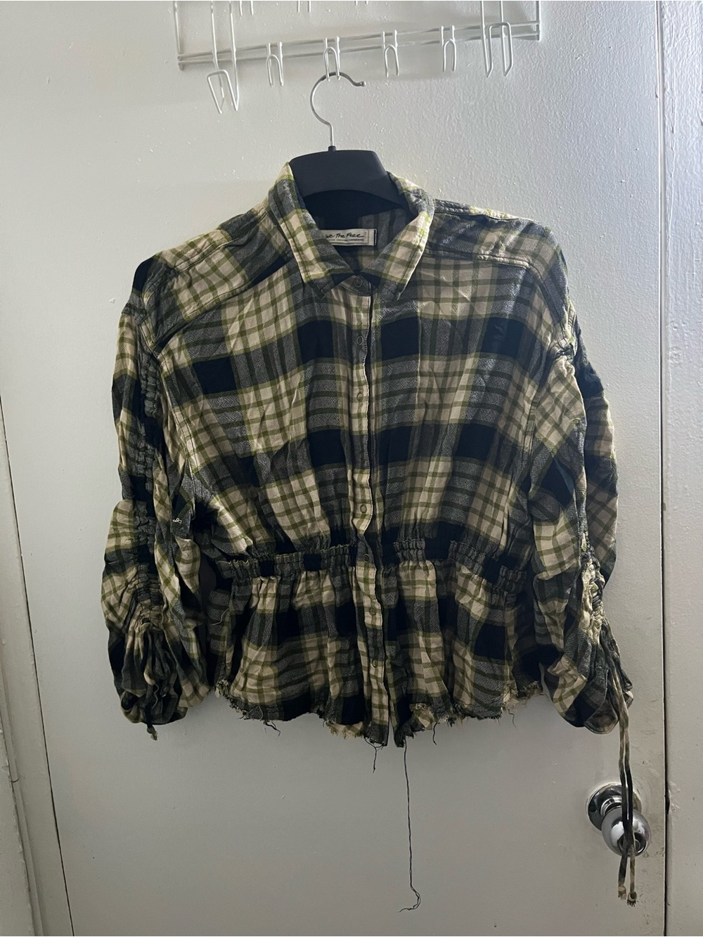 We The Free Green Black Plaid Drawstring-Waist Button-Front Top